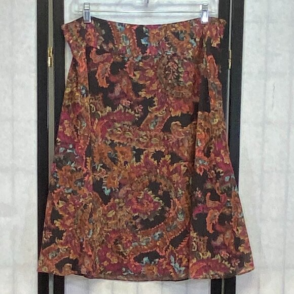 Liz Clairborne Sheer Floral Lined A-Line Skirt Wide Waistband Black Maroon 12 - Picture 1 of 12